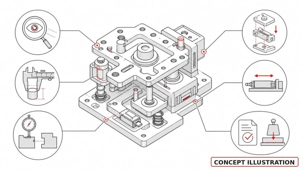 Concept illustration mapping prototype testing evidence to physical-product decisions